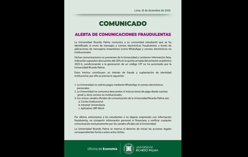 URP alerta sobre comunicaciones fraudulentas dirigidas a estudiantes