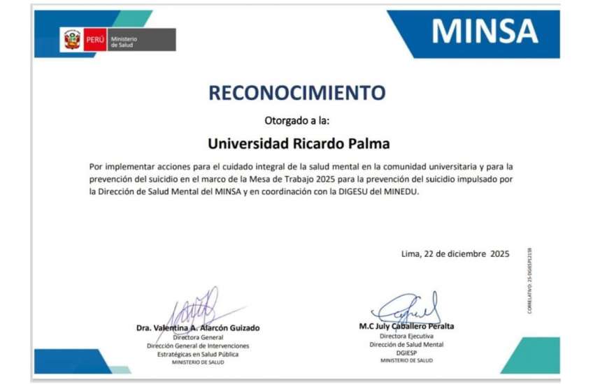Reconocimiento del MINSA por nuestro compromiso con la  salud mental y la prevención del suicidio